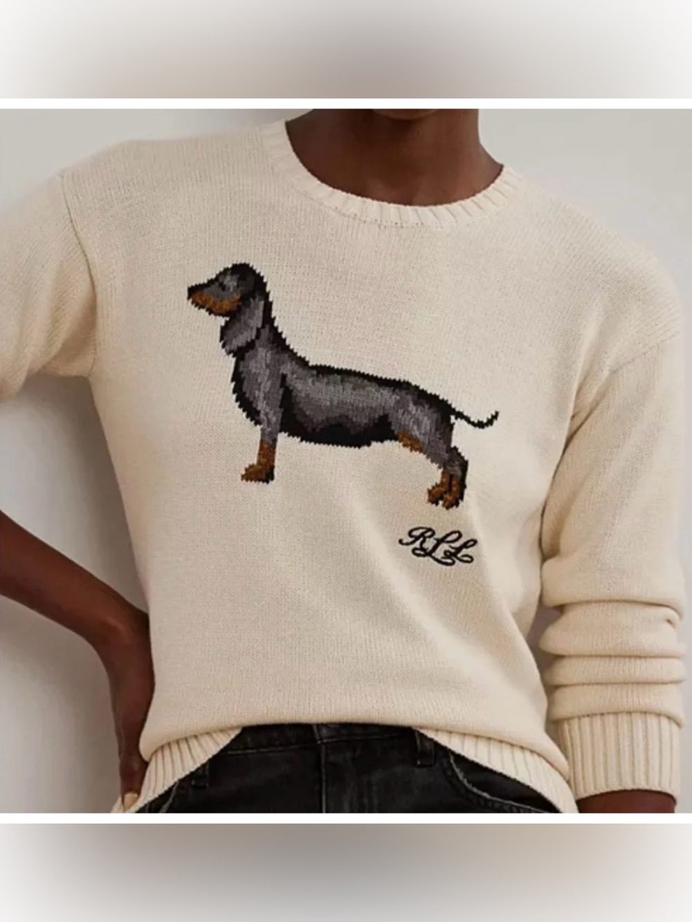 Ralph Lauren Cream Crewneck Sweater with Dachshund Intarsia - Picture 2 of 6